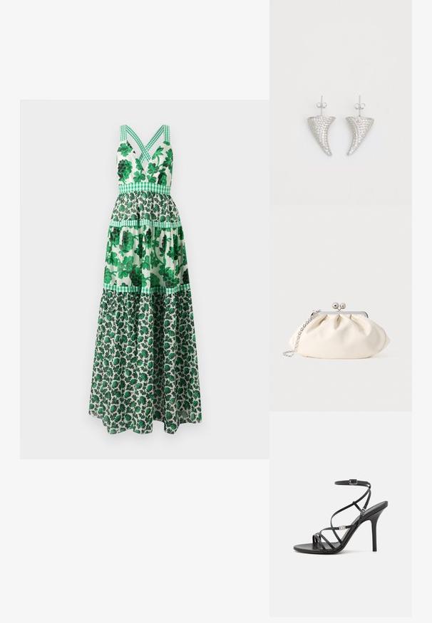 Vestido maxi floral verde con un corpiño ajustado, tirantes cruzados, diseño de volantes y acentos a cuadros. Hecho de una tela ligera.; Sándalo negro de tacón alto con tiras finas, hebilla en el tobillo, superficie de cuero suave y tacón de aguja esbelto.; Bolso de mano de tela color crema con diseño fruncido, marco metálico plateado, dos bolas decorativas y correa de cadena plateada.; Pendientes en forma de cuerno plateado, engastados con pequeñas piedras transparentes, que cuentan con un cierre trasero para su sujeción. Textura suave y acabado metálico.