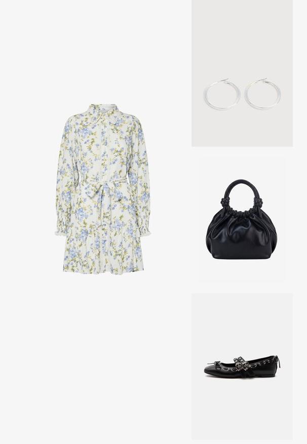Witte bloemenjurk met lange mouwen, blauwe en groene bloemen, knoopsluiting aan de voorkant, kanten bies, een gestrikte tailleband en een uitlopende zoom.; Zwarte platte balletschoen met dubbele gespsluitingen, zilveren oogjes en een klein strikje nabij de afgeronde neus op een witte achtergrond.; Zwarte zachte leren handtas met geplooide bovenkant en twee dikke handvatten die in knopen zijn gestrikt tegen een effen lichte achtergrond.; Een paar glanzende zilveren oorringen met dunne draadafsluitingen, getoond op een lichtgrijze achtergrond.