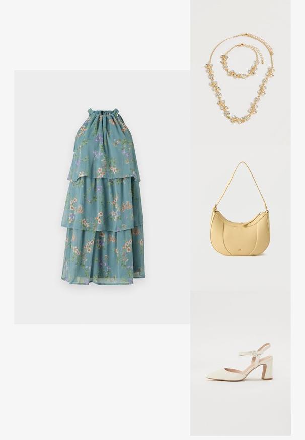 Vestido sin mangas en tela verde claro con estampados florales, que presenta un escote fruncido y capas en tiers para un diseño fluido.; Zapato de tacón bajo de color crema y punta afilada. Presenta una delgada correa en el tobillo con una hebilla redonda y una textura de cuero suave.; Bolso de hombro amarillo de cuero sintético con un diseño curvo acolchado y cierre de cremallera, con una textura suave y una correa de hombro tonal.; Juego de collar y pulsera en tono dorado con diseños florales y de hojas de cristal claro, ambos con cierres de cadena ajustables sobre un fondo blanco.