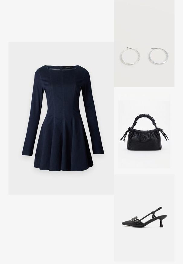 Navyblauwe denim jurk met lange mouwen, een aansluitend lijfje en een uitlopende rok, met subtiele naaddecoraties en een ronde halslijn.; Simmi London DALA - Klassieke pumps - black; Zwarte handtas met krokodillenstructuur, geplooide bovenrand, samengevoerde handgreep en koordtassels aan elke kant tegen een witte achtergrond.; Zilverkleurige metalen creolen oorbellen met een glad, licht gebogen oppervlak en sluitingen met haaksluiting op een effen witte achtergrond.