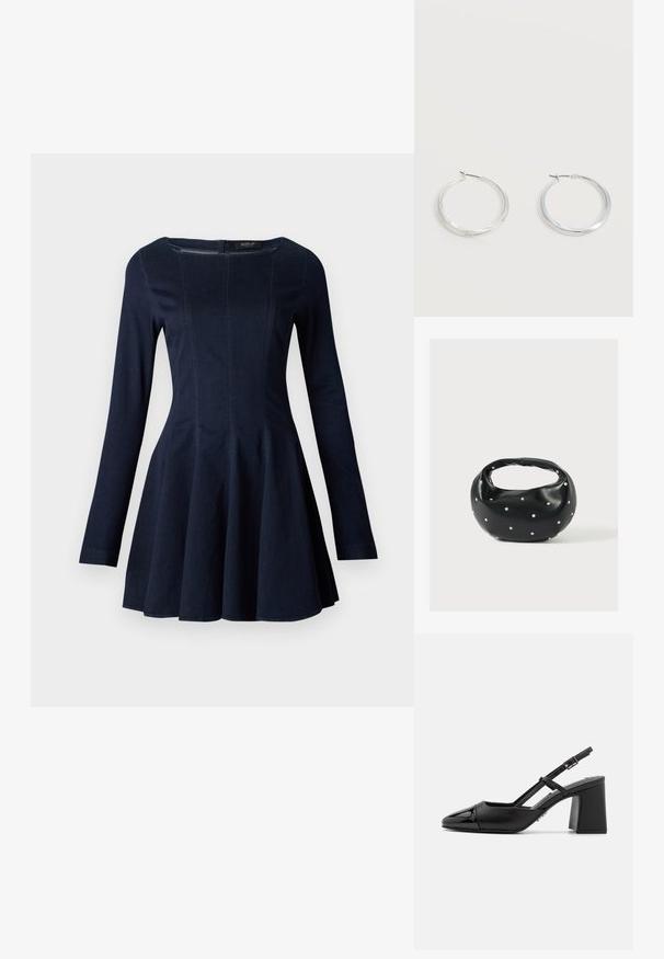 Mørkeblå denim langærmet kjole med tætsiddende overdel og svungen nederdel, prydet med diskrete sømdetaljer og rund halsudskæring.; Sorte patentlæder slingback hæle med spids tå, blokhæl og justerbar rem. Glat tekstur og minimalistisk design.; Sort læderhåndtaske med en rundet form, dekoreret med sølvnitter, og et kort håndtag. Glat tekstur og lynlåslukning.; Sølvfarvede metaloorringe med glat, let buet overflade og låsemekanisme på en ensfarvet hvid baggrund.