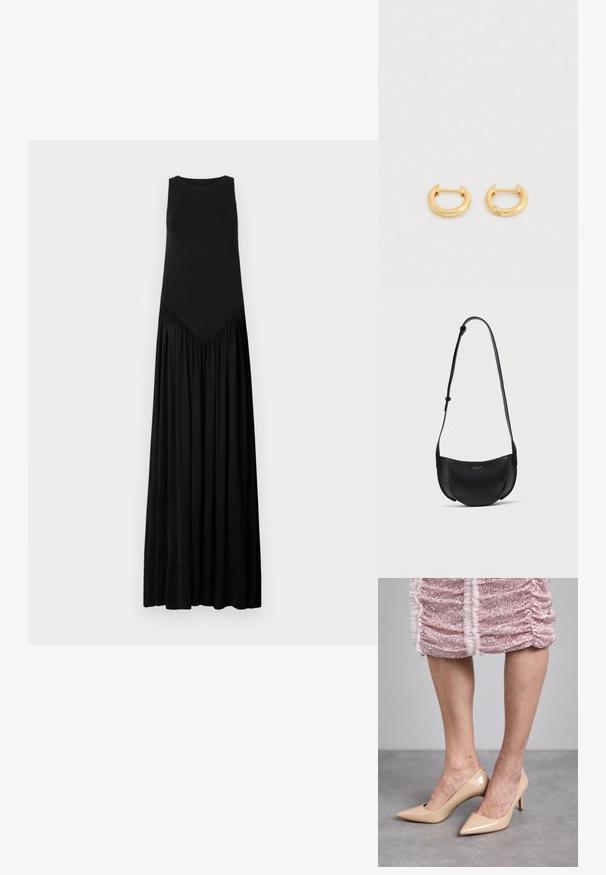 Schwarzes ärmelloses Maxikleid mit taillierter Brustpartie, einer V-förmigen Nahtdetails an der Taille und einem fließenden, gerafften Rock. Glatte Textur.; Beige Lackleder-Pumps mit spitzem Zehenbereich und schmalem Absatz. Glatte Textur mit elegantem Design. Getragen zu einem pinken Paillettenkleid.; Schwarze, halbmondförmige Umhängetasche aus Leder mit verstellbarem Riemen und kleinem goldenem Logo in der Mitte vorne.; Goldene Creolen mit glatter, glänzender Oberfläche. Sie haben eine runde Form mit einer kleinen Öffnung zum Verschließen. Einfaches Design, minimalistische Akzente.