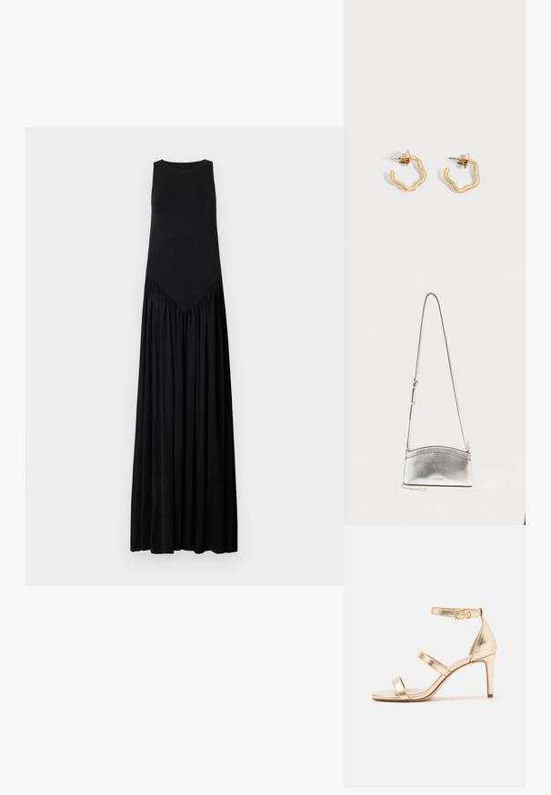 Schwarzes ärmelloses Maxikleid mit taillierter Brustpartie, einer V-förmigen Nahtdetails an der Taille und einem fließenden, gerafften Rock. Glatte Textur.; Goldene High-Heel-Sandale mit drei dünnen Riemen, einem Knöchelriemen mit Schnalle und einem Logodetail auf weißem Hintergrund.; Silberne Metallic-Umhängetasche mit verstellbarem Riemen und dezentem Logo auf der Vorderseite vor hellem, einfarbigem Hintergrund.; Paar kleine goldene wellenförmige Creolen mit Stecker-Verschluss vor hellem grauem Hintergrund.