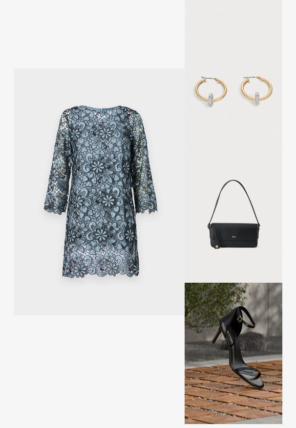 Blaues Spitzenkleid mit Dreiviertelärmeln, floralem Muster, gewelltem Saum und rundem Halsausschnitt. Durchsichtiger Stoff mit einem Kontrast in der Textur.; Schwarze Sandalette mit hohem Absatz und Knöchelriemen schwebt über einem Holzboden im Freien vor verschwommenem Grün und Steinhintergrund.; Schwarze Leder-Umhängetasche mit goldenem "BOSS"-Logo vorne und einem kleinen goldenen Emblem, das am seitlichen Riemen hängt.; Paar goldfarbene Creolen mit kleinem silberfarbenem Schlaufen-Detail an jeder, vor hellem grauem Hintergrund präsentiert.