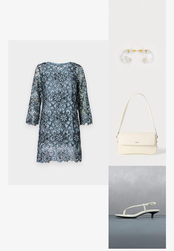Blaues Spitzenkleid mit Dreiviertelärmeln, floralem Muster, gewelltem Saum und rundem Halsausschnitt. Durchsichtiger Stoff mit einem Kontrast in der Textur.; Weiße Riemchenpantolette mit kitten heel und spitz zulaufender Zehenpartie, schwebt über einem Holzkachelboden im Freien mit verschwommenem Pflanzen- und Wandhintergrund.; Schultertasche aus cremefarbenem Leder mit Klappverschluss, silbernen Beschlägen, einem verstellbaren Riemen und einem dezenten Logodetail.; Klare Acryl-Ohrringe in Hoop-Form mit goldenen Akzenten, die ein geschwungenes Design und einen transparenten Verschluss aufweisen. Glatte Textur, minimalistischer Stil.
