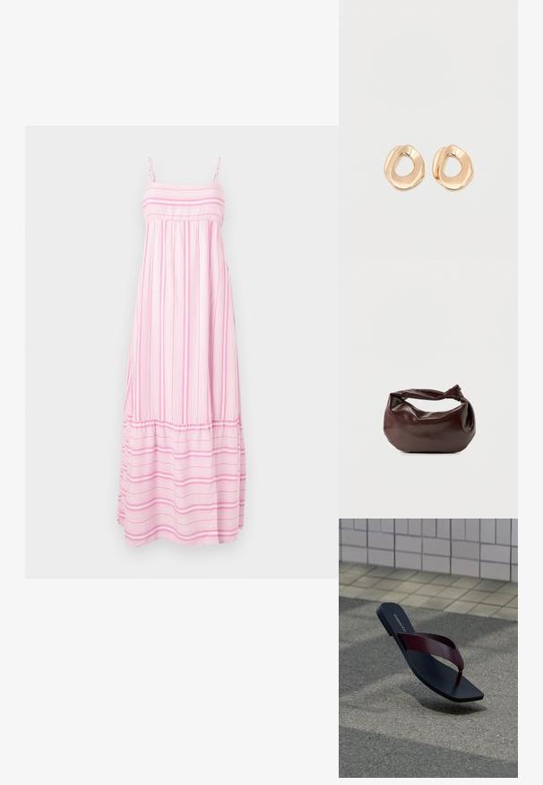 Hollister Co. BABYDOLL MAXI - Μάξι φόρεμα - light pink/white; Μονή μαύρη σαγιονάρα με σκούρα κόκκινη λουρίδα που αιωρείται πάνω από μια γκρι ασφάλτινη επιφάνεια και υπόβαθρο από μπεζ πλακάκια πεζοδρομίου.; Σκούρα καφέ δερμάτινη τσάντα ώμου με μαλακό, χαλαρό σχήμα και λαβή με στριμμένο κόμπο σε απλό λευκό φόντο.; Ζευγάρι σκουλαρικιών κρίκος από μέταλλο σε χρυσή απόχρωση με γυαλιστερό φινίρισμα και ακανόνιστο σχήμα, με ανοιχτό κέντρο, σε λευκό απλό φόντο.