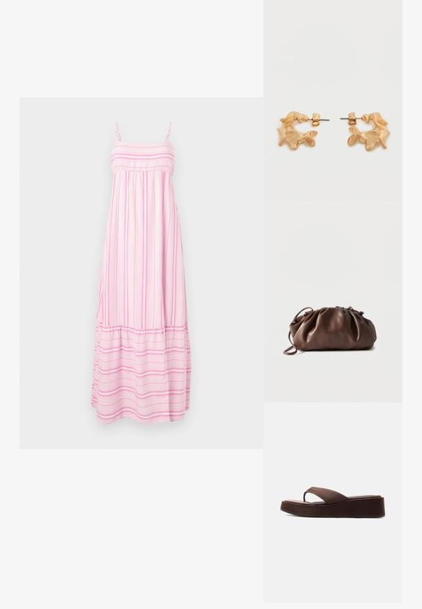 Hollister Co. BABYDOLL MAXI - Maksikleit - light pink/white; Pruun platvormiga varbavahe-sandaal paksu tallaga ja laia rihmaga varvaste kohal, tavalise valge taustaga.; Pehme pruuni nahast kotike, millel on kokku tõmmatud ülaosa ja peenike rihm, puhkab valgel taustal.; Kullatoonist kõrvarõngad abstraktse, orgaanilise kujuga, millel on tekstureeritud pind ja tagakinnitus.