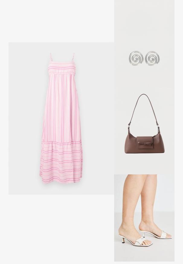 Hollister Co. BABYDOLL MAXI - Maxi šaty - light pink/white; Biele sandále s ihlou, so štvorcovou špičkou a ozdobou v podobe mašle. Hladký kožený materiál s nízkym stiletto podpätkom a kontrastnou čiernou podrážkou.; Hnedá kožená taška na rameno s predným vreckom na prekrytie, ktoré má prešitý detail mašle a nastaviteľný popruh.; Pár strieborných špirálových kruhových náušníc s hladkým, zaobleným dizajnom na jednoduchom bielom pozadí.