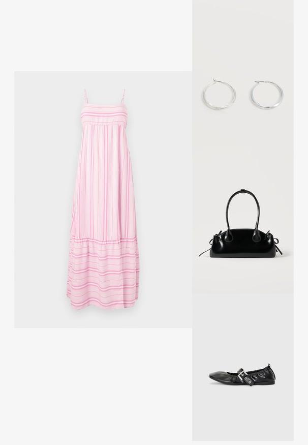 Hollister Co. BABYDOLL MAXI - Maxi šaty - light pink/white; Čierna kožená plochá obuv s špicatou špičkou, zberaným detailom okolo otvoru a strieborným prackovým akcentom na nastaviteľnom remienku.; Malá čierna lesklá kabelka s dvoma dlhými rúčkami a bočnými šnúrkovými detailmi na jednoduchom svetlom pozadí.; Strieborné kovové kruhové náušnice s hladkým, mierne zakriveným povrchom a zapínaním na poistku na jednoduchom bielom pozadí.