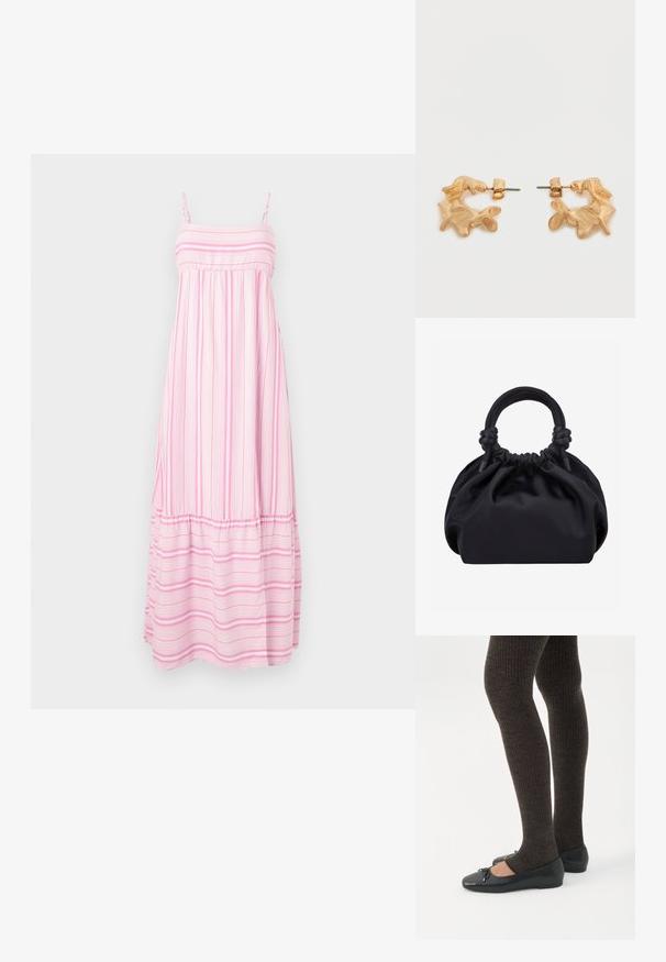 Hollister Co. BABYDOLL MAXI - Maxi šaty - light pink/white; Nohy v tmavých pásikavých legínach v kombinácii s čiernymi balerínkami s malými mašličkami na bielom pozadí.; Čierna mäkká látková kabelka so zbieraným vrchom a okrúhlymi vyvložkovanými rukoväťami zviazanými uzlami na každej strane.; Náušnice v zlatom odtieni s abstraktným, organickým tvarom, ktoré majú textúrovaný povrch a zapínanie na zadnú zarážku.