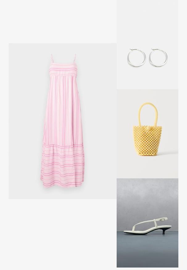 Hollister Co. BABYDOLL MAXI - Maxi šaty - light pink/white; Biela sandála na podpätku kitten s remienkami a zašpicatenou špičkou, lietajúca nad drevenou dlažbou vonku s rozmazaným pozadím rastlín a steny.; Malá kabelka v štýle košíka vyrobená z lesklých krémových korálikov s uškom z korálikov a dekoratívnym zapínaním so uzlom z korálikov.; Strieborné kruhové náušnice majú hladký, zaoblený dizajn s tenkým profilom a bezpečným zapínaním. Minimalistický štýl s lešteným povrchom.