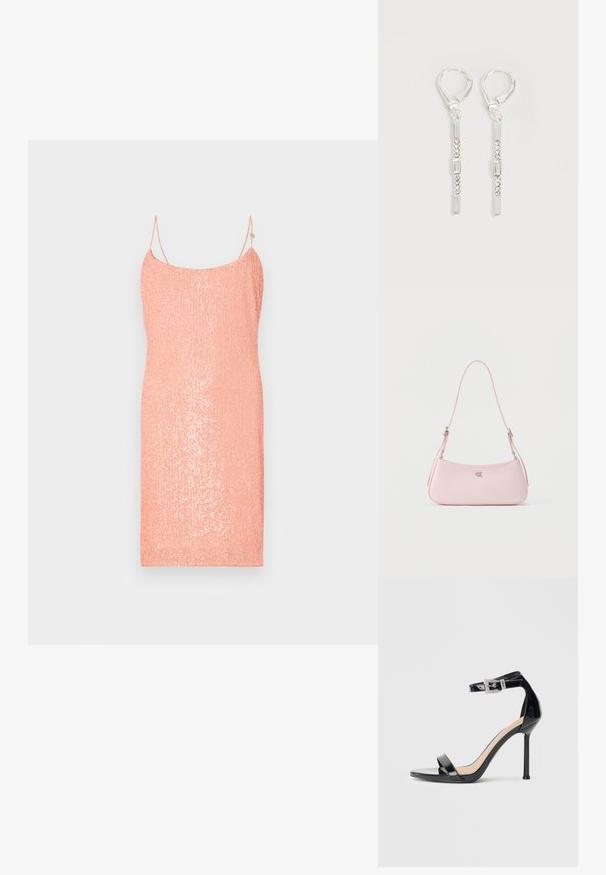 Vestido tipo slip de color melocotón hecho de tela de lentejuelas, con finas correas ajustables y una silueta ceñida. Textura suave, hasta la rodilla.; Sandalia de tacón alto en piel sintética negra con correa en el tobillo. Presenta un diseño minimalista, punta abierta y una hebilla con detalles de pedrería.; Pequeño bolso de hombro rosa pastel con correa delgada y logo plateado "CK" centrado sobre fondo liso.; Pendientes colgantes de plata con cristales transparentes rectangulares y redondos en una línea vertical, asegurados con cierres tipo leverback.