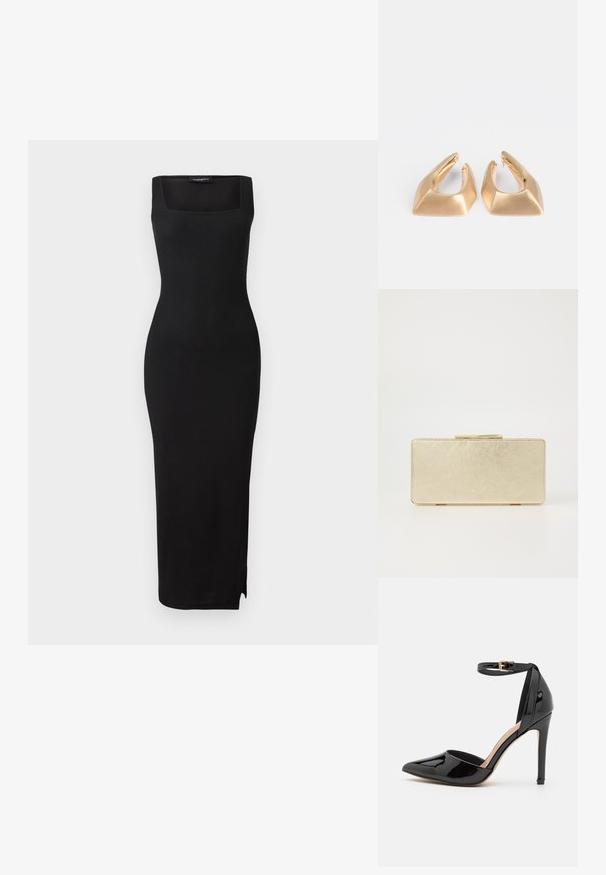 Vestido midi de punto acanalado negro con escote cuadrado, silueta ajustada y abertura lateral. El material tiene una textura suave. Diseño simple.; Zapato de tacón alto de charol negro con punta afilada, tiras en el tobillo y tacón stilettos delgado. Textura suave con acabado brillante.; Bolso de mano dorado con un acabado metálico suave, forma rectangular y un cierre de clasp simple. Sin patrones ni decoraciones visibles.; Pendientes de metal dorado con un diseño geométrico que presenta formas angulares y un acabado pulido. Destacan por su forma escultórica.