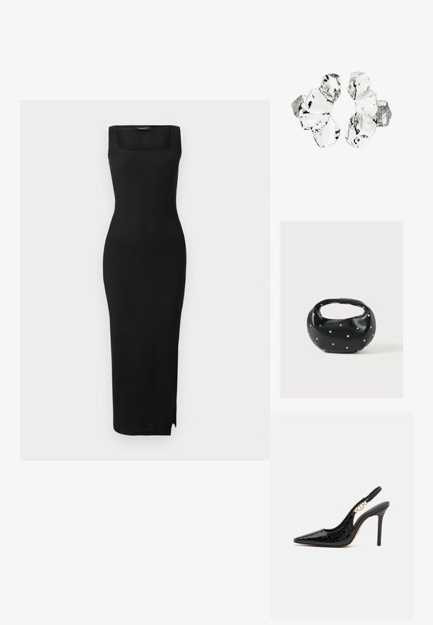 Sort ribbet strikket midi-kjole med firkantet udskæring, tætsiddende silhuet og slids i siden. Materialet har en glat tekstur. Simpelt design.; Sorte laklæder slingback hæle med spids tå, krokodilleskindsstruktur og en gylden kædeaccent på hælen. Stiletto-design.; Sort læderhåndtaske med en rundet form, dekoreret med sølvnitter, og et kort håndtag. Glat tekstur og lynlåslukning.; Klynge af seks uregelmæssigt formede, gennemsigtige og reflekterende glaslignende stykker arrangeret på en hvid baggrund.
