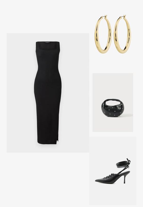 Schwarzes, geripptes Strick-Midi-Kleid mit quadratischem Ausschnitt, taillierter Silhouette und seitlichem Schlitz. Das Material hat eine glatte Textur. Einfaches Design.; Schwarzer spitzer High-Heel-Schuh mit Schnürung vorne und wickelnden Knöchelriemen, die zu einer Schleife gebunden sind, von der Seite auf weißem Hintergrund gezeigt.; Schwarze Lederhandtasche mit abgerundeter Form, verziert mit silbernen Nietenakzenten und kurzem Griff. Glatte Struktur und Reißverschlussverschluss.; Goldene Creolen mit einer glatten, polierten Oberfläche. Kreisform, mit einem sicheren Verschluss an der Oberseite. Die Oberfläche reflektiert das Licht.