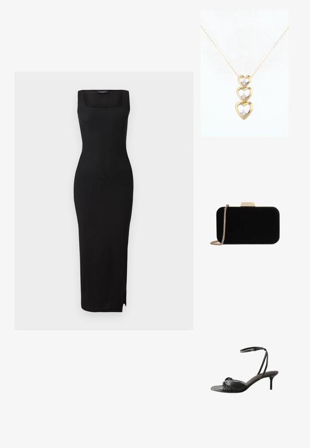 Vestido midi de punto acanalado negro con escote cuadrado, silueta ajustada y abertura lateral. El material tiene una textura suave. Diseño simple.; Sandalia de tacón alto de cuero negro con tiras anudadas sobre los dedos y una tira fina en el tobillo con cierre de hebilla.; Clutch de terciopelo negro con herrajes en tono dorado, de forma rectangular y con correa de cadena, que presenta una textura suave y sin patrones visibles.; DIAMANT L'ÉTERNEL Colgante - gold coloured