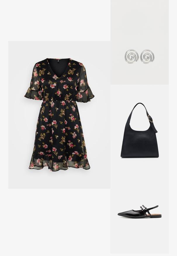 Zwarte bloemenjurk met een V-halslijn, korte fluttermouwen, elastische taille en gelaagde ruches aan de onderkant. Bevat roze en gele bloempatronen op de stof.; Zwarte gepatineerde leren slingback schoenen hebben een spitse neus, twee banden met gespsieraden en een platte zool.; Zwarte leren tote bag met een gladde textuur, ronde vorm en een enkele schouderband met een ronde gouden hardware accent.; Een paar zilveren spiraalvormige oorringen met een glad, afgerond ontwerp op een effen witte achtergrond.