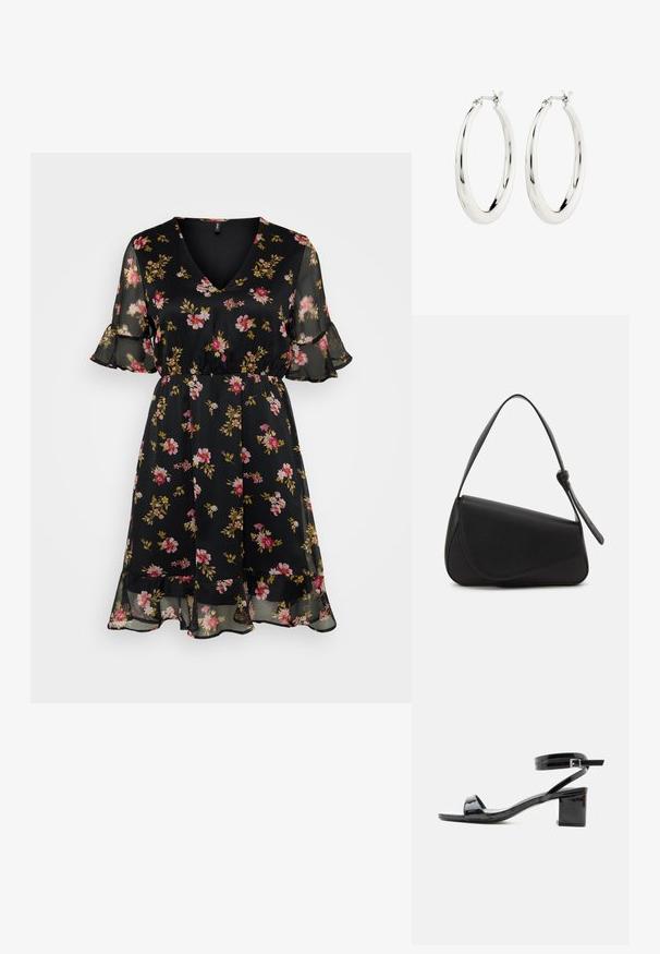 Zwarte bloemenjurk met een V-halslijn, korte fluttermouwen, elastische taille en gelaagde ruches aan de onderkant. Bevat roze en gele bloempatronen op de stof.; Zwarte lakleren sandaal met blokhak, open teen en enkelbandje met gesp, gezien van opzij tegen een witte achtergrond.; Zwart leren handtas met een driehoekige vorm, schuine klep en een ronde handgreep. Heeft een gladde textuur en minimalistische ontwerpelementen.; Zilveren oorbellen in de vorm van een gladde, glanzende ring. Circulaire vorm, voorzien van een veilige sluiting. Eenvoudig en elegant ontwerp.