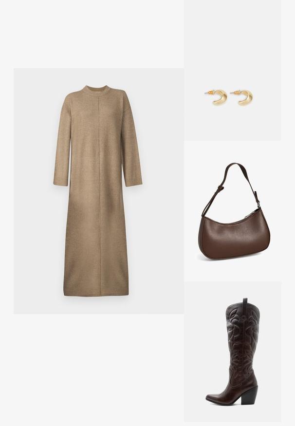 Vestido de punto en un suave color beige, con un escote alto, mangas largas y un corte recto con un detalle de costura central.; Bota vaquera alta de cuero marrón oscuro con patrones decorativos cosidos, punta puntiaguda y tacón de bloque apilado.; Pequeño bolso bandolera de cuero marrón con correa ajustable y cierre de cremallera, mostrado sobre un fondo blanco. Sin logotipos ni adornos visibles.; Pendientes en forma de media luna de oro con un acabado suave, que presentan acentos naranjas cerca del pasador y herrajes de plata.