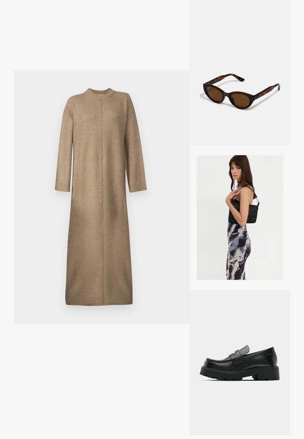 Vestido de punto en un suave color beige, con un escote alto, mangas largas y un corte recto con un detalle de costura central.; Mocasines de cuero negro con suela gruesa y texturizada, que presentan una correa sobre el empeine y un acabado suave y pulido.; Gafas de sol de carey marrón con una forma vintage de ojo de gato y lentes marrones. Presentan brazos curvados con acentos rojos.; Bolso de hombro negro acolchado con una sola correa y herrajes plateados, combinado con un vestido ajustado de patrón tie-dye en tonos de negro y crema.