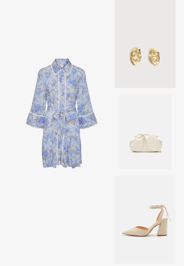 Blauw bloemenpatroon jurk met een kraag, plooiende mouwen, kantafwerking en een ceintuursluiting in de taille. Heeft een gelaagde, gerimpelde rok.; Beige hoge hak schoen met een puntige neus, enkelriempje en een brede blokhak. Glad synthetisch materiaal met een matte afwerking.; Zachte, crèmekleurige leren clutch met geplooid, gerimpeld ontwerp en een dunne schouderriem die vooraan op een effen achtergrond ligt.; Een paar glanzende, onregelmatig gevormde gouden metalen oorbellen met een gekreukeld, glad oppervlak op een effen lichte achtergrond.