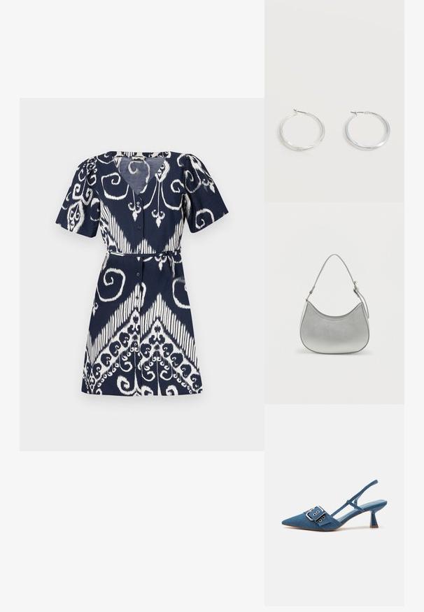 Vestido azul marino con patrones blancos abstractos de remolinos y fleur-de-lis, manga corta, escote en V, cierre de botones al frente y un cinturón delgado para atar a la cintura.; Zapatos de tacón tipo slingback de denim con punta afilada, correa con hebilla ajustable y tacón brillante azul. Textura suave con una plantilla azul clara.; Bolso de mano de imitación cuero plateado con forma curva, correa corta ajustable y textura suave, que presenta un detalle de costura minimalista.; Pendientes de aro de metal plateado con superficie lisa y ligeramente curvada y cierre de tipo mosquetón sobre un fondo blanco liso.