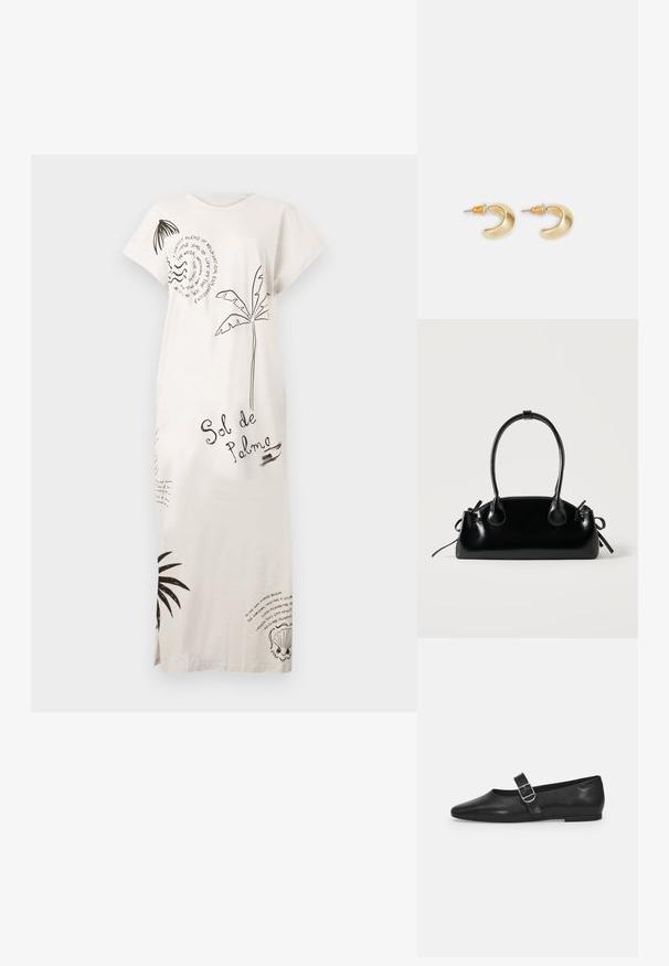 Largo vestido blanco con estampados de palmeras negras, conchas y texto que incluye "Sol de Palma," con mangas cortas y aberturas laterales.; Zapato plano de cuero negro con punta redondeada, una sola correa ajustable con hebilla y una textura suave y brillante. Diseño minimalista con un tacón bajo.; Pequeño bolso negro brillante con dos asas largas y detalles de cordón lateral sobre un fondo claro liso.; Pendientes en forma de media luna de oro con un acabado suave, que presentan acentos naranjas cerca del pasador y herrajes de plata.