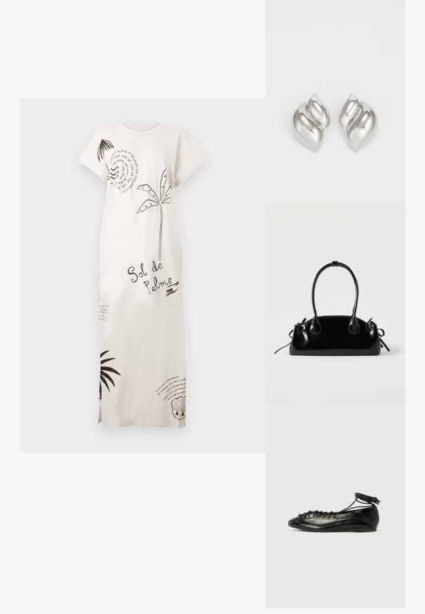 Largo vestido blanco con estampados de palmeras negras, conchas y texto que incluye "Sol de Palma," con mangas cortas y aberturas laterales.; Zapatos planos tipo ballet de charol negro con punta redondeada, diseño con cordones y suela plana. Textura lisa con detalles mínimos.; Pequeño bolso negro brillante con dos asas largas y detalles de cordón lateral sobre un fondo claro liso.; Pendientes de plata con una forma orgánica y abstracta. Superficie lisa y brillante con un diseño cónico. Presentan suaves curvas y un detalle de línea central.
