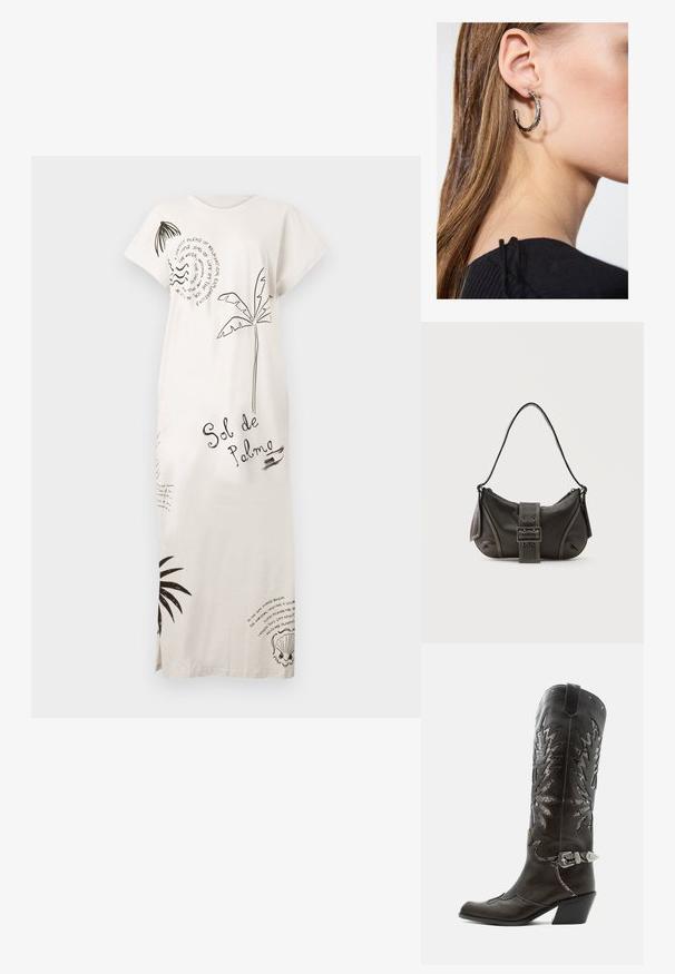 Largo vestido blanco con estampados de palmeras negras, conchas y texto que incluye "Sol de Palma," con mangas cortas y aberturas laterales.; Bota cowboy de cuero negro con recortes decorativos, hebilla plateada y tacón inclinado, presentada sobre fondo blanco.; Bolso de hombro de cuero negro con detalle de correa con hebilla, bordes curvos y costuras blancas en contraste sobre un fondo liso.; Pendiente de aro de plata con un acabado pulido, que presenta pequeños detalles en dorado y una forma redonda, llevado en el lóbulo.
