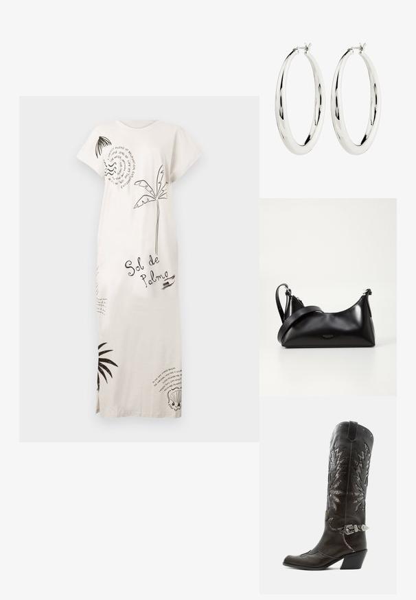 Langes weißes Kleid mit schwarzen Drucken von Palmen, Muscheln und Texten, einschließlich "Sol de Palma". Es hat kurze Ärmel und seitliche Schlitze.; Schwarzer Leder-Cowboystiefel mit dekorativen Ausschnitten, silberner Schnalle und schräger Ferse, auf weißem Hintergrund dargestellt.; Schwarze lederne Handtasche mit glatter Textur. Verfügt über einen verstellbaren Riemen und ein elegantes, minimalistisches Design mit einem Reißverschluss.; Silberne Creolen mit einer glatten, reflektierenden Oberfläche. Runde, große Form mit einem sicheren Verschluss an der Oberseite. Polierte Oberfläche betont den Glanz.