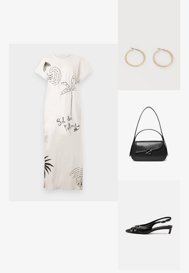 Langes weißes Kleid mit schwarzen Drucken von Palmen, Muscheln und Texten, einschließlich "Sol de Palma". Es hat kurze Ärmel und seitliche Schlitze.; Schwarzer Lederslingback mit spitzer Spitze, drei silbernen Schnallen vorne und niedrigem Kittenabsatz auf weißem Hintergrund.; Schwarze Lederschultertasche mit einer geschwungenen Klappe, die durch einen runden Metallverschluss gesichert ist, und einem schlanken, verstellbaren Riemen.; Paar mittelgroße, glatte Creolen in Goldton mit Scharnier-Verschlüssen auf einem einfarbigen hellen Hintergrund.