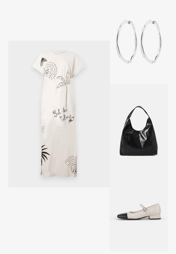 Largo vestido blanco con estampados de palmeras negras, conchas y texto que incluye "Sol de Palma," con mangas cortas y aberturas laterales.; Zapato estilo Mary Jane en cuero crema con puntera de charol negro. Presenta una punta redonda, tirante en el tobillo con una hebilla cuadrada y un tacón bajo y cuadrado.; Bolso hobo de cuero negro con una textura suave y brillante y un diseño de parte superior redondeada y abierta. Cuenta con una amplia correa curvada para llevar. Sin hardware visible.; Par de pendientes de aro ovalados retorcidos de plata pulida con cierres de bisagra, mostrados sobre fondo blanco.