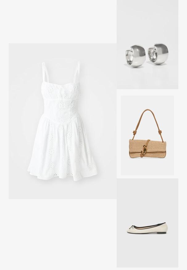 Vestido blanco con tirantes de espagueti ajustables, un corsé ajustado y una falda acampanada. Presenta bordados en forma de ojal y un detalle de cuerda en el escote.; Bailarinas en un tejido beige con un ribete negro. Presentan una punta redondeada y un pequeño lazo en la parte delantera. Suela de bajo perfil.; Bolso de mano rectangular tejido en color beige con asa de cuero marrón claro que presenta nudos y un cierre de gancho en tono dorado sobre un fondo liso.; Uncommon Matters SCULPTURAL LARGE CREOLE - Pendientes - silver-coloured