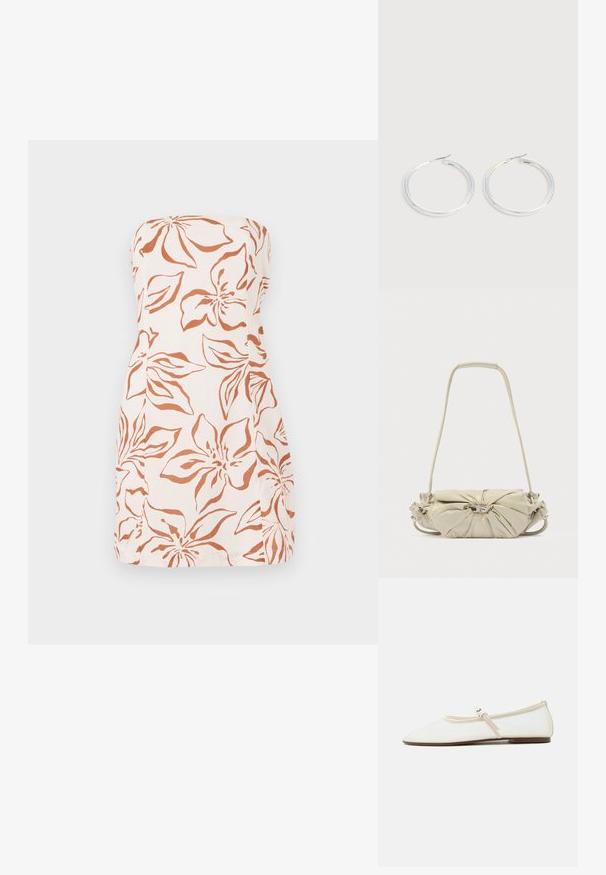 Robe sans bretelles en tissu léger, avec un motif floral orange sur fond crème. Coupe droite avec un ourlet simple.; Chaussure plate Mary Jane blanche avec bout pointu, fine bride réglable avec boucle argentée, et semelle marron sur fond blanc.; Sac à bandoulière en cuir beige avec un design froncé et un détail boucle argentée, équipé d'une longue bandoulière et d'une section de poignée rembourrée.; Paire de boucles d'oreilles créoles argentées brillantes avec fermoirs en fil fin, présentée sur un fond gris clair.