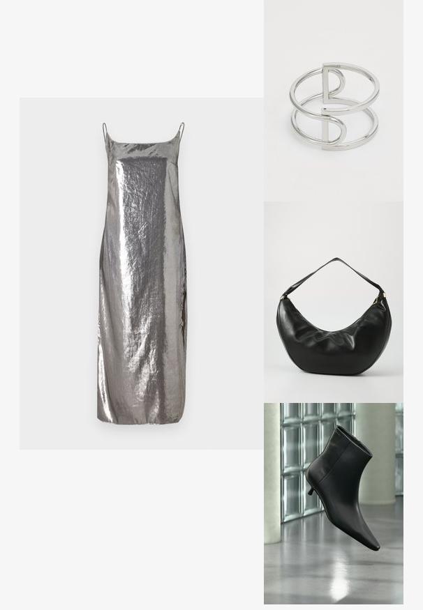 Vestido deslizante metálico plateado con tirantes finos, textura suave y una silueta recta, que presenta un brillo sutil y un diseño minimalista.; Botín negro de cuero con punta puntiaguda y tacón bajo estilo kitten, mostrado en ángulo sobre un suelo pulido y con una pared de bloques de vidrio de fondo.; Bolso de hombro de cuero negro con una forma curva, textura suave y una sola correa; cuenta con un zipper dorado y un branding sutil.; Brazalete de metal plateado con un diseño de doble lazo, acabado liso y brillante, y un acento geométrico minimalista.