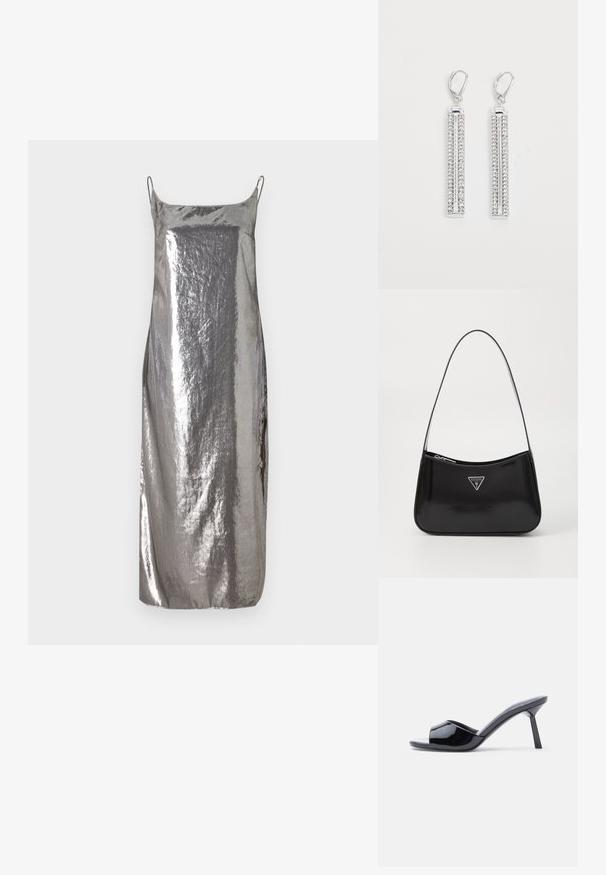 Robe de soirée argentée métallisée avec des bretelles fines, texture lisse, et une silhouette droite, présentant un éclat subtil et un design minimaliste.; Sandales à talons ouverts en cuir verni noir, avec un design supérieur incurvé et un talon aiguille effilé. Finition lisse et brillante.; Sac à épaule en cuir verni noir avec une forme incurvée, présentant un logo triangle en argent et une fermeture éclair. Texture lisse et bandoulière fine.; Boucles d'oreilles en argent avec deux barres allongées, chacune sertie de petites pierres en strass transparentes dans un motif linéaire. Fermeture à crochet.