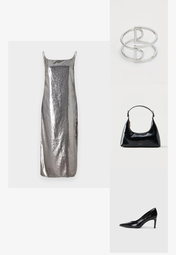 Sølvmetallic slipkjole med tynde stropper, glat tekstur og lige silhuet, der har en subtil glans og minimalistisk design.; Sort læder højhælede sko med spids tå, glat tekstur og en taperet hæl. Minimalistisk design uden yderligere udsmykninger.; Sort blank Calvin Klein håndtaske med gyldent lynlås og kort rem mod en ensfarvet hvid baggrund.; Sølv metal armbånd med en dobbeltloopdesign, der har en glat, blank overflade og en minimalistisk geometrisk accent.