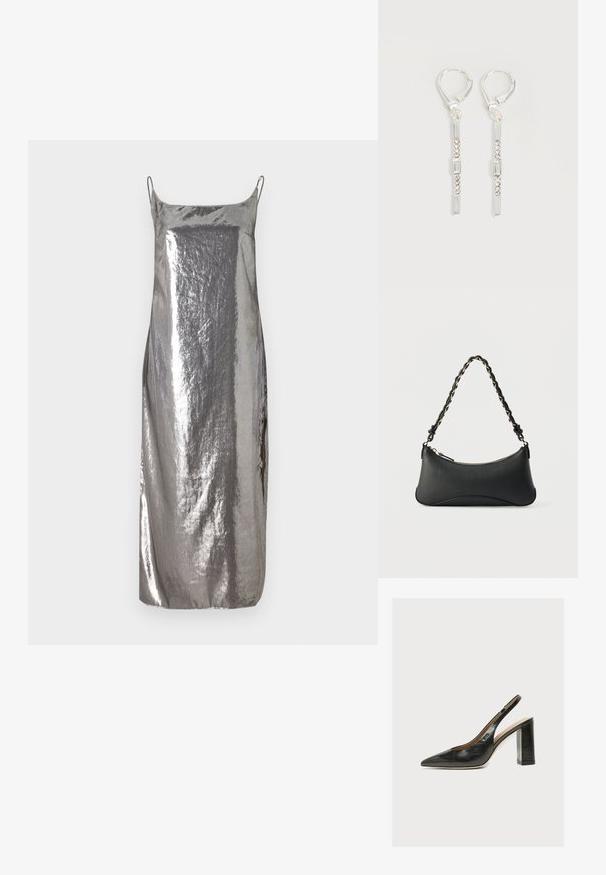 Silberne metallische Slipdress mit dünnen Trägern, glatter Textur und gerader Silhouette, die einen subtilen Glanz und ein minimalistisches Design aufweist.; Schwarzer Leder-Damenslingback-Pumps mit spitzer Zehenpartie und dickem hohem Blockabsatz auf weißem Hintergrund.; Schwarze Lederschultertasche mit gewölbter rechteckiger Form, goldener Kette, die in den geflochtenen schwarzen Riemen eingewebt ist, und Reißverschlussverschluss oben.; Silberne hängende Ohrringe mit rechteckigen und runden klaren Kristallen in einer vertikalen Linie, gesichert durch Leverback-Verschlüsse.