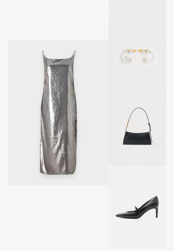Zilveren metallic slipdress met dunne bandjes, gladde textuur en een rechte silhouette, met een subtiele glans en minimalistisch ontwerp.; Zwarte leren pumps met puntige neus, dunne riem en gesp over de wreef, staand op een neutrale lichte achtergrond.; Zwarte leren handtas met een gouden ritssluiting en verstelbare band met gouden rechthoekige details op een witte achtergrond.; Heldere acryl oorringen met gouden accenten, met een gebogen ontwerp en transparante sluiting. Gladde textuur, minimalistische stijl.