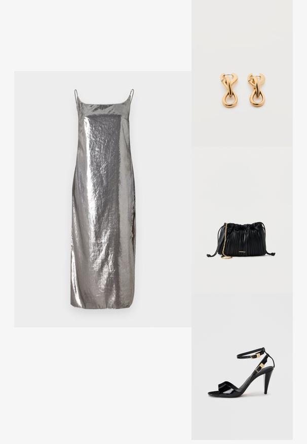 Silberne metallische Slipdress mit dünnen Trägern, glatter Textur und gerader Silhouette, die einen subtilen Glanz und ein minimalistisches Design aufweist.; Schwarze, lackierte High-Heeled-Sandalen mit doppelten Knöchelriemen und goldenen Schnallen, Zehen offen und schlankem, spitz zulaufendem Absatz auf neutralem Hintergrund.; Schwarze, plissierte Ledertasche mit Kordelzug, goldener Kettenriemen und kleinem, horizontalem goldfarbenem Akzent auf der Vorderseite.; Paar glänzende goldfarbene Creolen mit verschlungenem, verdrehtem Design auf schlichten weißem Hintergrund.