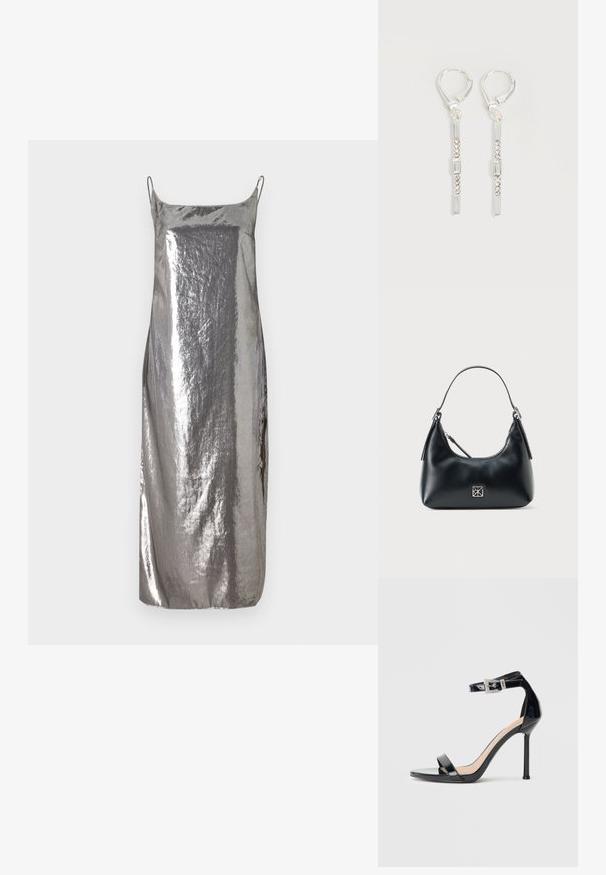 Sølvmetallic slipkjole med tynde stropper, glat tekstur og lige silhuet, der har en subtil glans og minimalistisk design.; Sort højhælet sandal i laklæder med ankelrem. Har minimalistisk design, åben tå og spænde med rhinsten-detaljer.; Sort læder skuldertaske med et enkelt håndtag, lynlåslukning og et lille kvadratisk sølvlogo på forsiden.; Sølv hængende øreringe med rektangulære og runde klare krystaller i en lodret linje, fastgjort med låsebeslag.