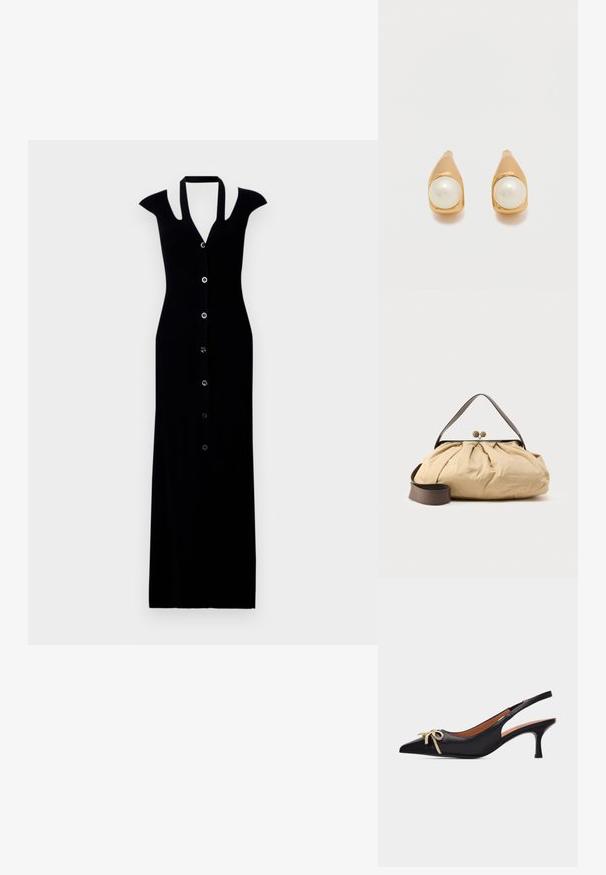 Robe maxi noire à côtes avec manches courtes, fermeture à boutons à l'avant, décolleté en V profond et silhouette ajustée. Texture lisse et design épuré.; Escarpin mule en cuir noir à talon kitten, bout pointu et détail de nœud beige sur fond blanc.; Sac en tissu beige avec un design froncé, poignée en cuir marron et deux fermetures métalliques rondes en haut. Sangle marron réglable incluse.; Boucles d'oreilles à clous en ton or, chacune ornée d'une perle blanche ronde unique, sertie dans un métal lisse et courbé sur un fond clair uni.