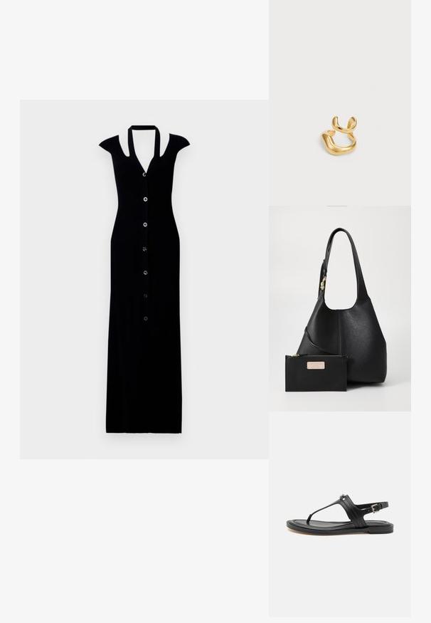 Robe maxi noire à côtes avec manches courtes, fermeture à boutons à l'avant, décolleté en V profond et silhouette ajustée. Texture lisse et design épuré.; Sandale noire en cuir avec lanière de cheville sécurisée, présentant une surface lisse, une semelle plate et un détail de boucle argentée.; Sac à main en cuir noir avec une finition texturée et une large sangle. Comprend une petite trousse zippée noire avec un accent doré.; Bague en or arborant un design fluide et organique avec deux bandes incurvées se chevauchant. Texture lisse et brillante avec une finition polie.