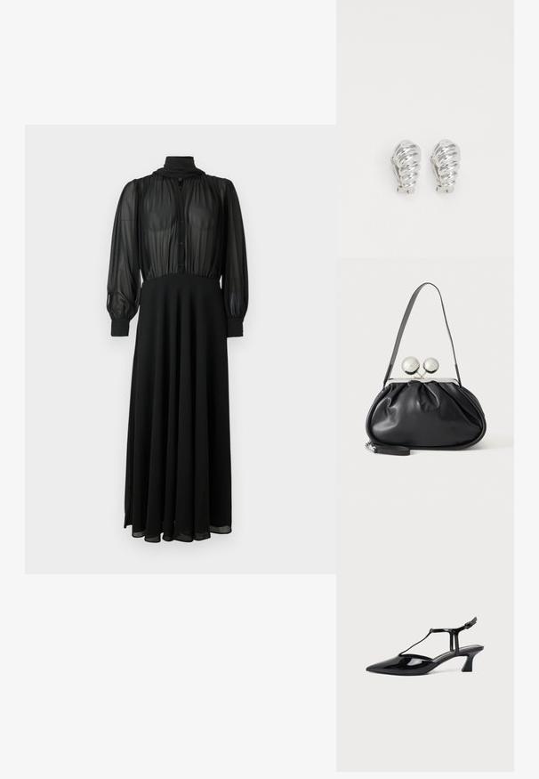 Robe longue noire à manches longues avec corsage en chiffon transparent boutonné, col montant, poignets ajustés et jupe fluide unie.; Chaussure slingback en cuir verni noir à bout pointu avec bride en T et petit talon bloc incliné sur fond blanc.; Sac à main en cuir noir avec un design plissé, une sangle unique, un cadre métallique argenté et deux grandes fermoirs ronds en argent.; Boucles d'oreilles en clip argentées avec un design en spirale, présentant une texture métallique lisse et des formes arrondies. Pas d'embellissements ou de motifs visibles.