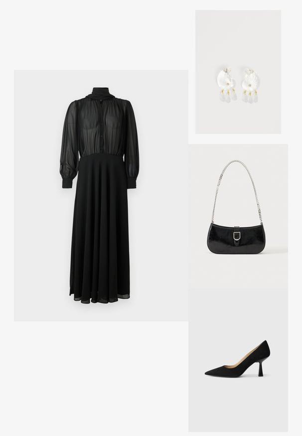 Robe longue noire à manches longues avec corsage en chiffon transparent boutonné, col montant, poignets ajustés et jupe fluide unie.; Pompe à talons hauts en suède noir avec un bout pointu, dotée d'un talon bloc noir brillant et d'une doublure intérieure lisse.; Sac à épaule en cuir verni noir avec détail de boucle argentée et bandoulière en chaîne argentée, présenté sur un fond uni clair.; Boucles d'oreilles en résine transparente en forme de coquillage avec de petits accents dorés et trois breloques translucides en forme de goutte pendantes sur chaque boucle d'oreille.