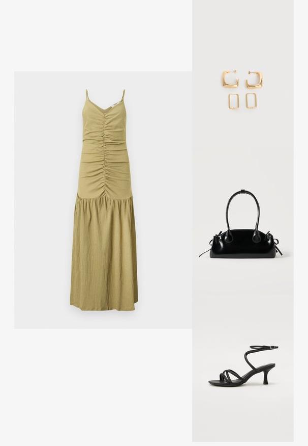 Robe longue sans manches vert olive avec corsage froncé à l'avant, décolleté en V, fines bretelles, et détail jupe froncée.; Even&Odd Wide Fit Sandales - black; Petit sac à main noir brillant avec deux longues anses et des détails à cordon sur les côtés sur un fond clair uni.; Deux paires de Boucles d'oreilles créoles géométriques dorées sur une surface blanche unie, une paire carrée et pleine, une paire rectangulaire et creuse.