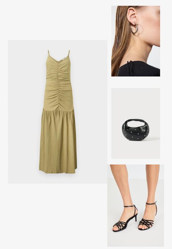 Robe longue sans manches vert olive avec corsage froncé à l'avant, décolleté en V, fines bretelles, et détail jupe froncée.; Sandales à talons hauts noires avec texture brillante. Bride de cheville avec boucle. Design à bout ouvert avec des détails entrecroisés.; Sac à main en cuir noir de forme arrondie, décoré de clous argentés et équipé d'une poignée courte. Texture lisse et fermeture éclair.; Boucle d'oreille en argent avec une finition polie, présentant de petits détails en or et de forme ronde, portée sur le lobe.