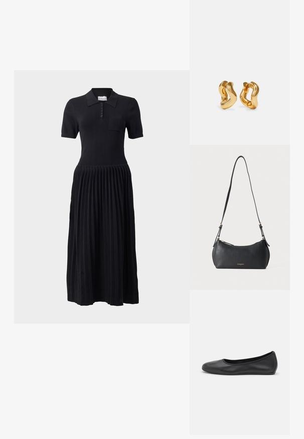 Robe polo noire à manches courtes, avec patte de boutonnage et poche poitrine. La jupe présente un design plissé, créant un aspect texturé.; Ballerines en cuir noir avec un bout rond, texture lisse, détails de couture minimalistes et design de semelle flexible.; Petit sac à épaule en cuir noir avec sangle réglable et fermeture éclair dorée, avec un texte de marque doré discret sur le devant.; Boucles d'oreilles en forme de créoles dorées avec un design ondulé, présentant une surface lisse et brillante ainsi qu'une forme élégante. Sans fermoirs visibles.