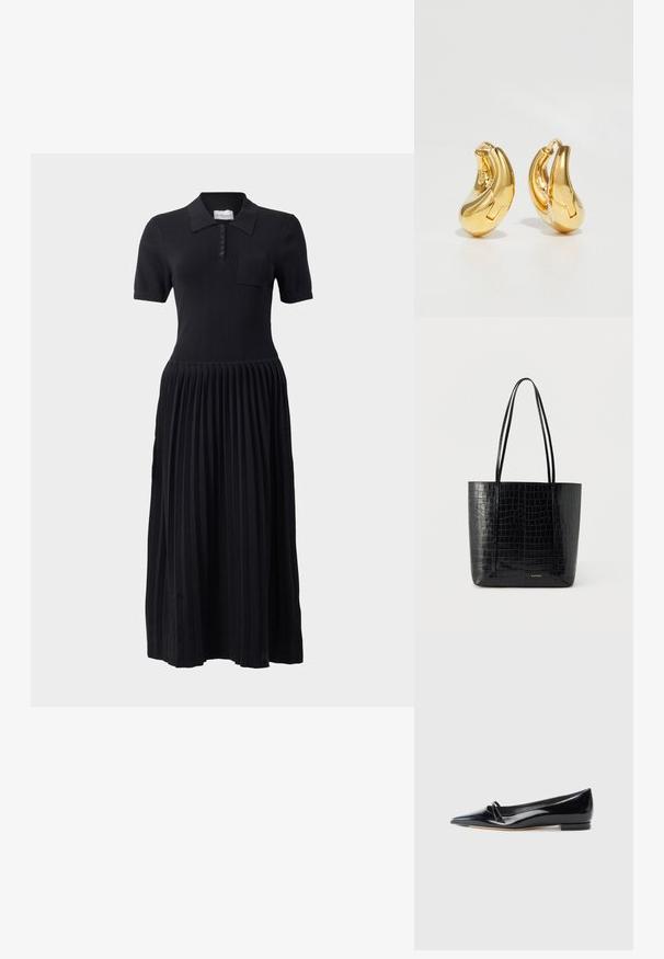 Robe polo noire à manches courtes, avec patte de boutonnage et poche poitrine. La jupe présente un design plissé, créant un aspect texturé.; Chaussure plate en cuir verni noir avec un bout pointu, une petite lanière décorative et un petit talon carré. Texture lisse et design épuré.; Sac cabas noir à texture crocodile avec de longues poignées, debout sur un fond clair uni.; Boucles d'oreilles en or en forme de d'anneaux lisses et courbés avec une finition polie. Équipées d'un mécanisme de fermeture et de légères indentations pour le détail.