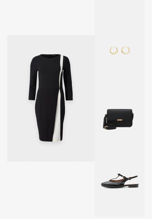 Sort kjole med trekvartærmer, der har en hvid diagonalt stribe. Fremstillet af glat stof, tætsiddende talje og knælangt design.; Sort læder flad slingback-sko med T-rem og guldlås på neutral baggrund.; Sorte læder crossbody taske med flaplukning, guldfarvede Hardware, justerbar rem og tekstureret overflade. Kompakt rektangulær form.; Guld hoops øreringe med en tekstureret, ujævn overflade. Har et let design og cirkulær form, egnet til hverdagsbrug.